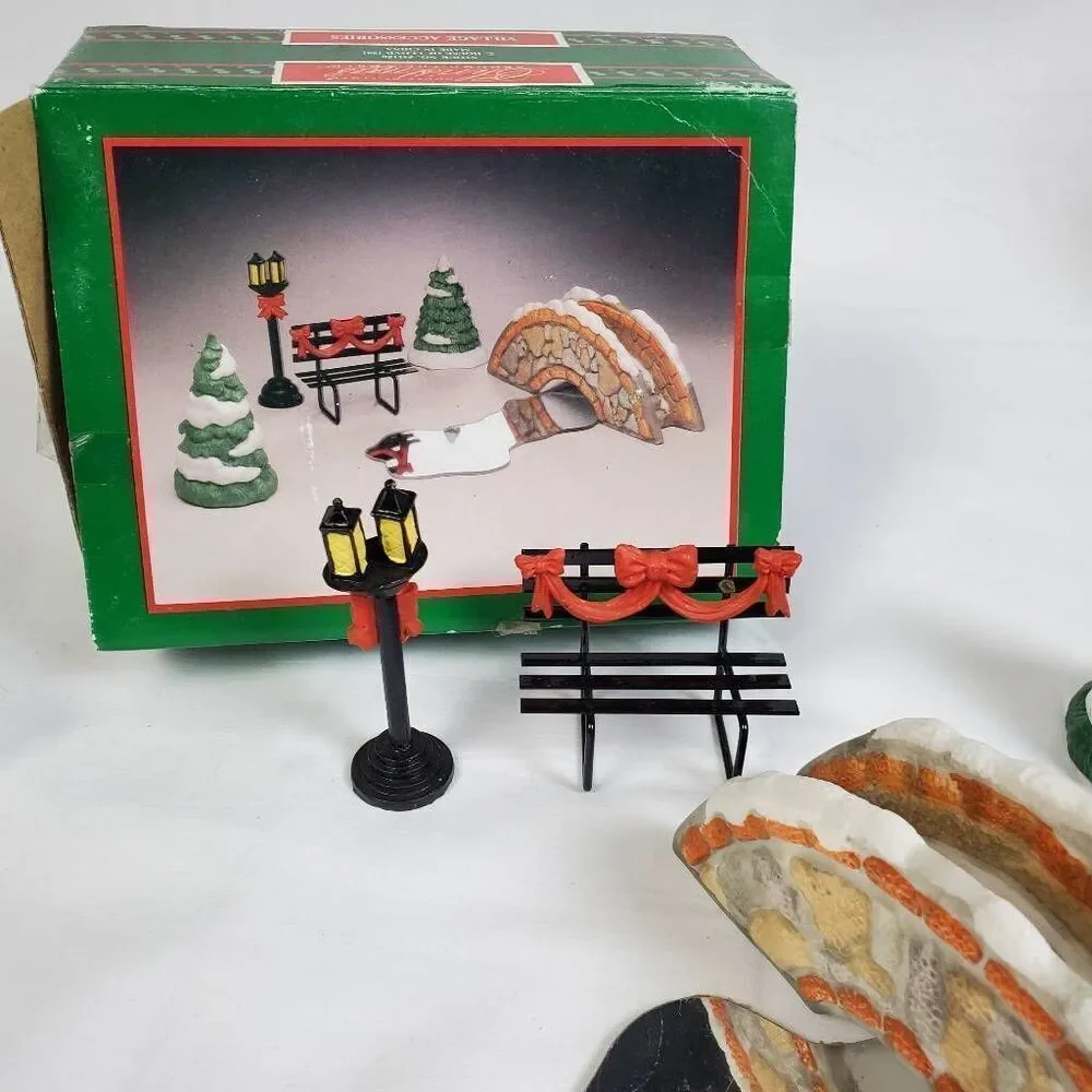 Vintage 1991 House of Lloyd Christmas Village Accessories Set – Bridge, Trees, B